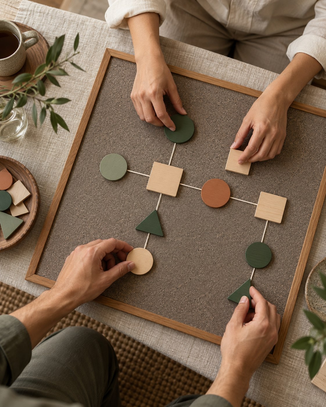Illustrative scene: Overhead photograph of adult hands arranging blank colored wooden tokens into a simple project plan on a gray cork board, cream shirt cuffs, tactile materials, no writing or notebook.