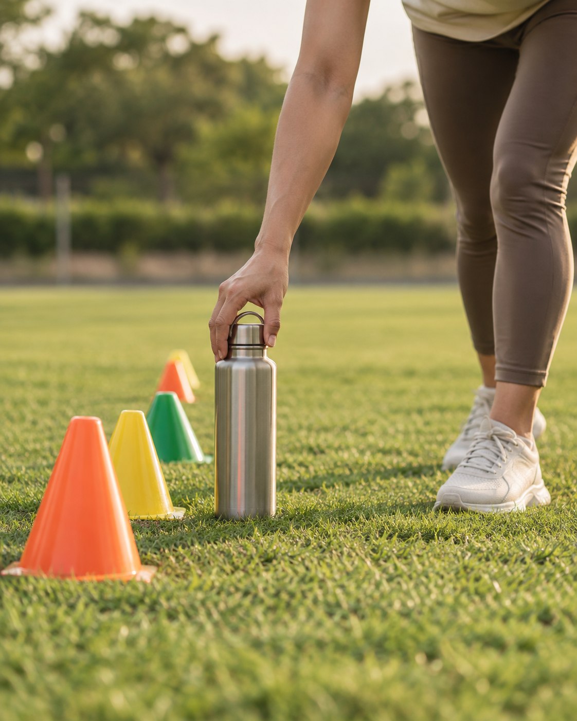 Illustrative scene: An adult hand placing a reusable steel water bottle beside a row of brightly colored cones on a well-maintained community playing field, intimate side view, soft afternoon light, no background people.