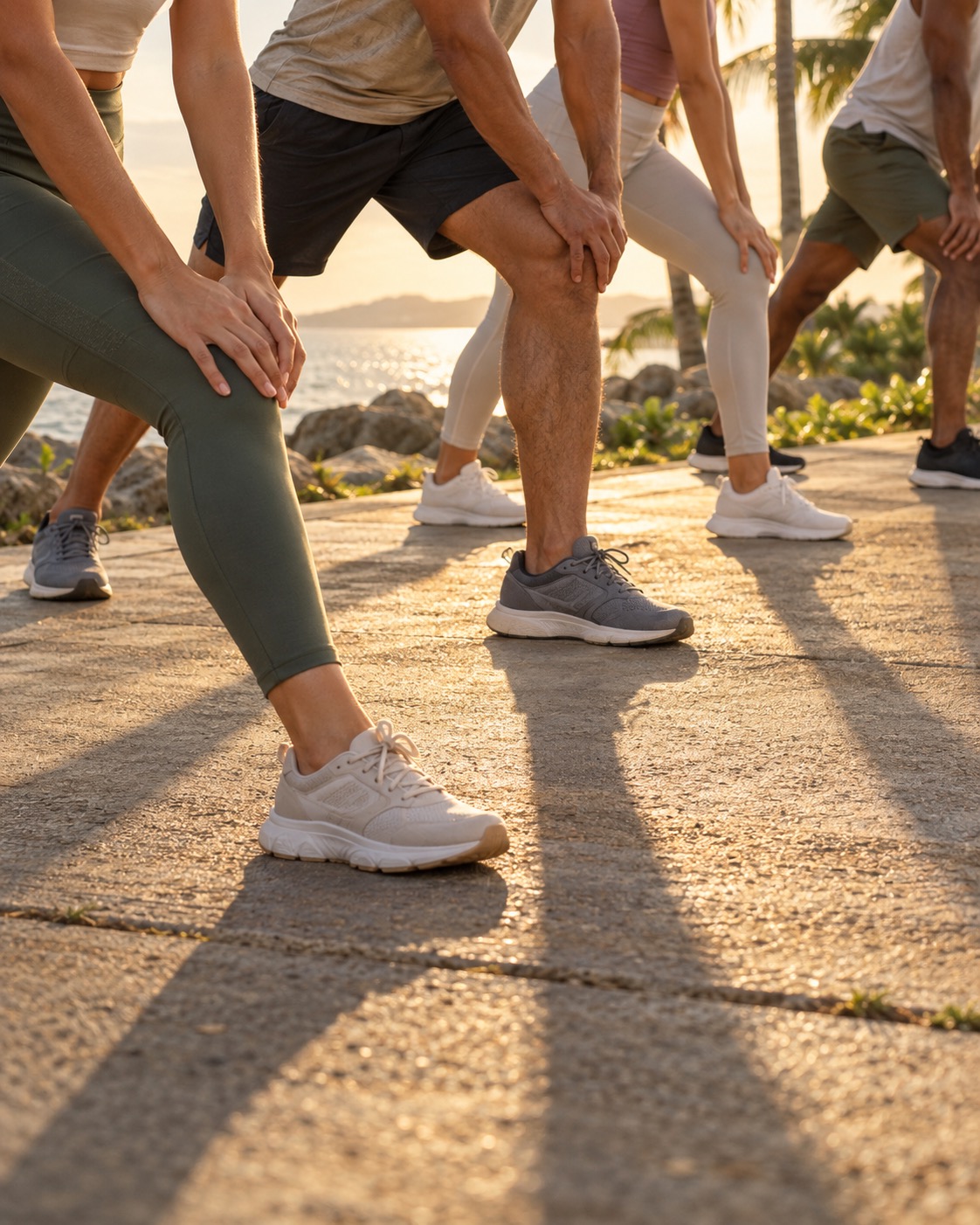Illustrative scene: Low close view of a group of adult neighbors stretching in a coastal park, only legs feet and hands visible, cropped below waist