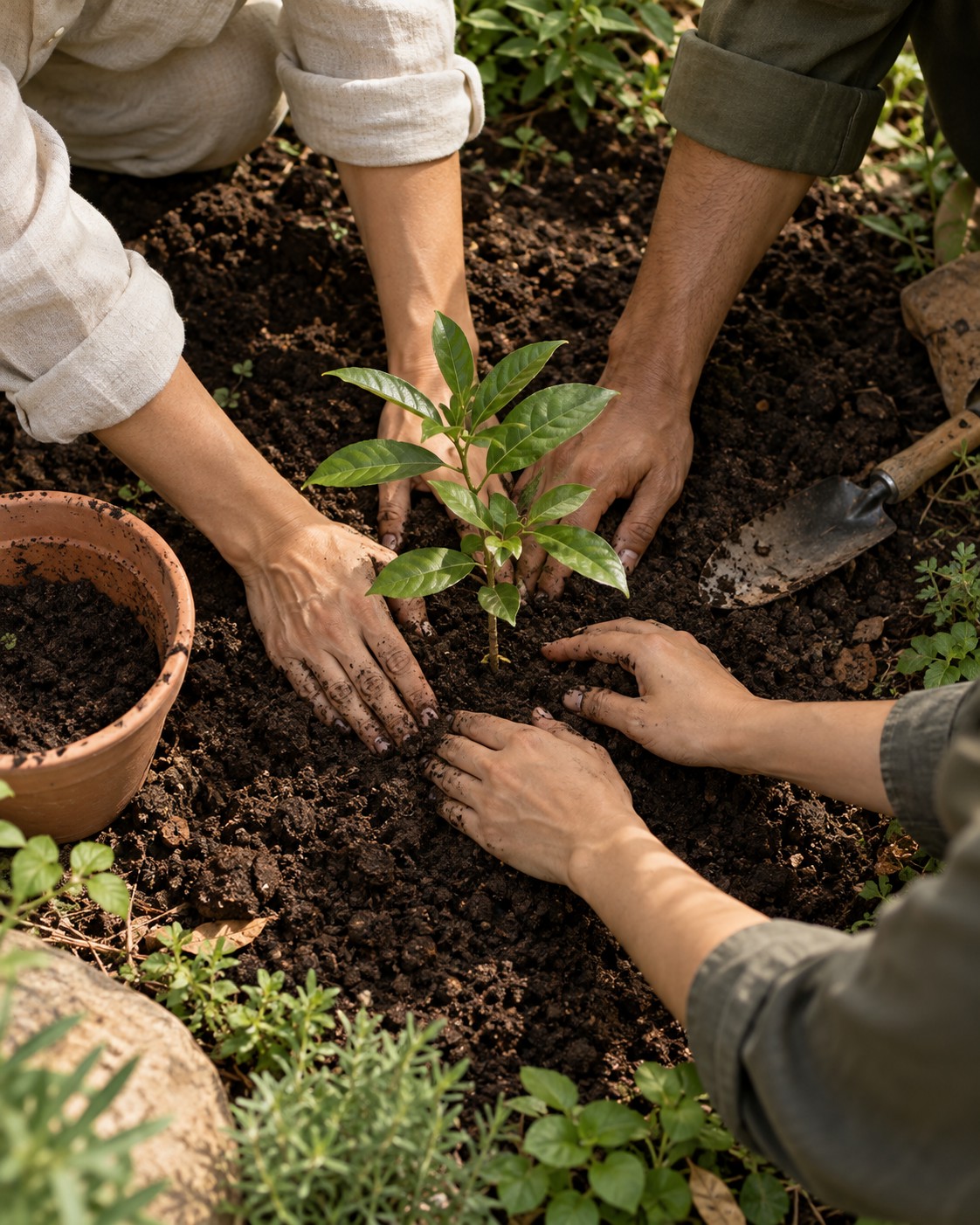 Illustrative scene: Three pairs of adult hands planting a young tree in a community garden, rich soil, small terracotta pot, sleeves in linen and olive. Top-down close view.