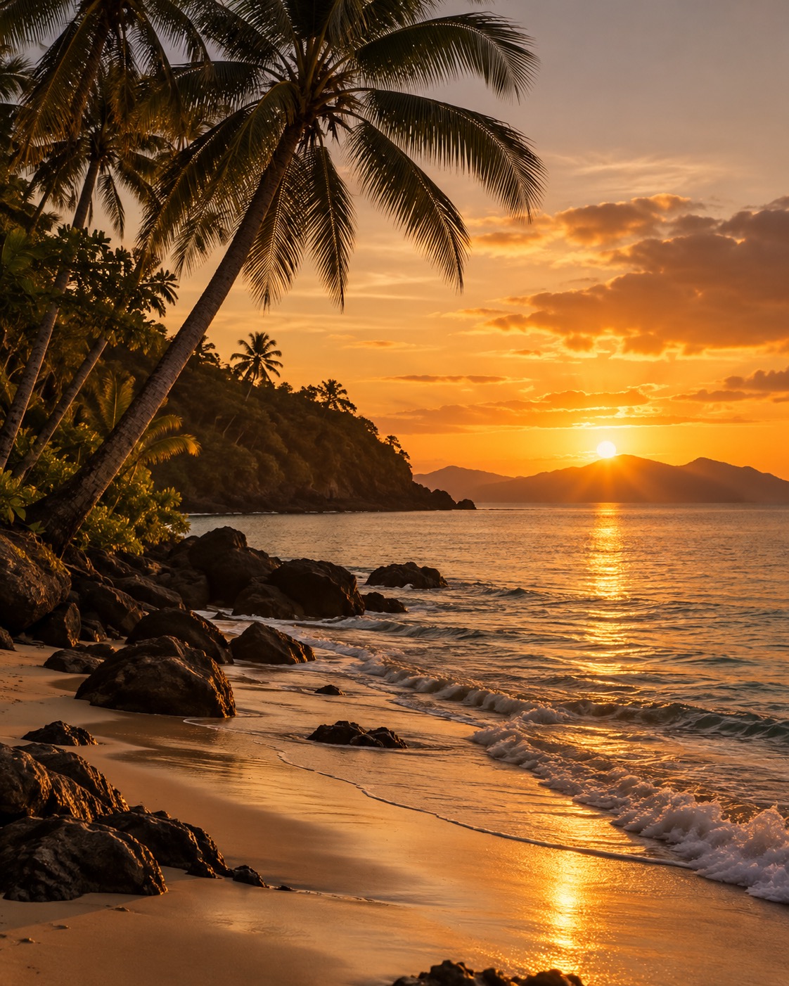 Illustrative scene: Empty serene Philippine coastline with coconut palms, calm waves and golden sunset, no people