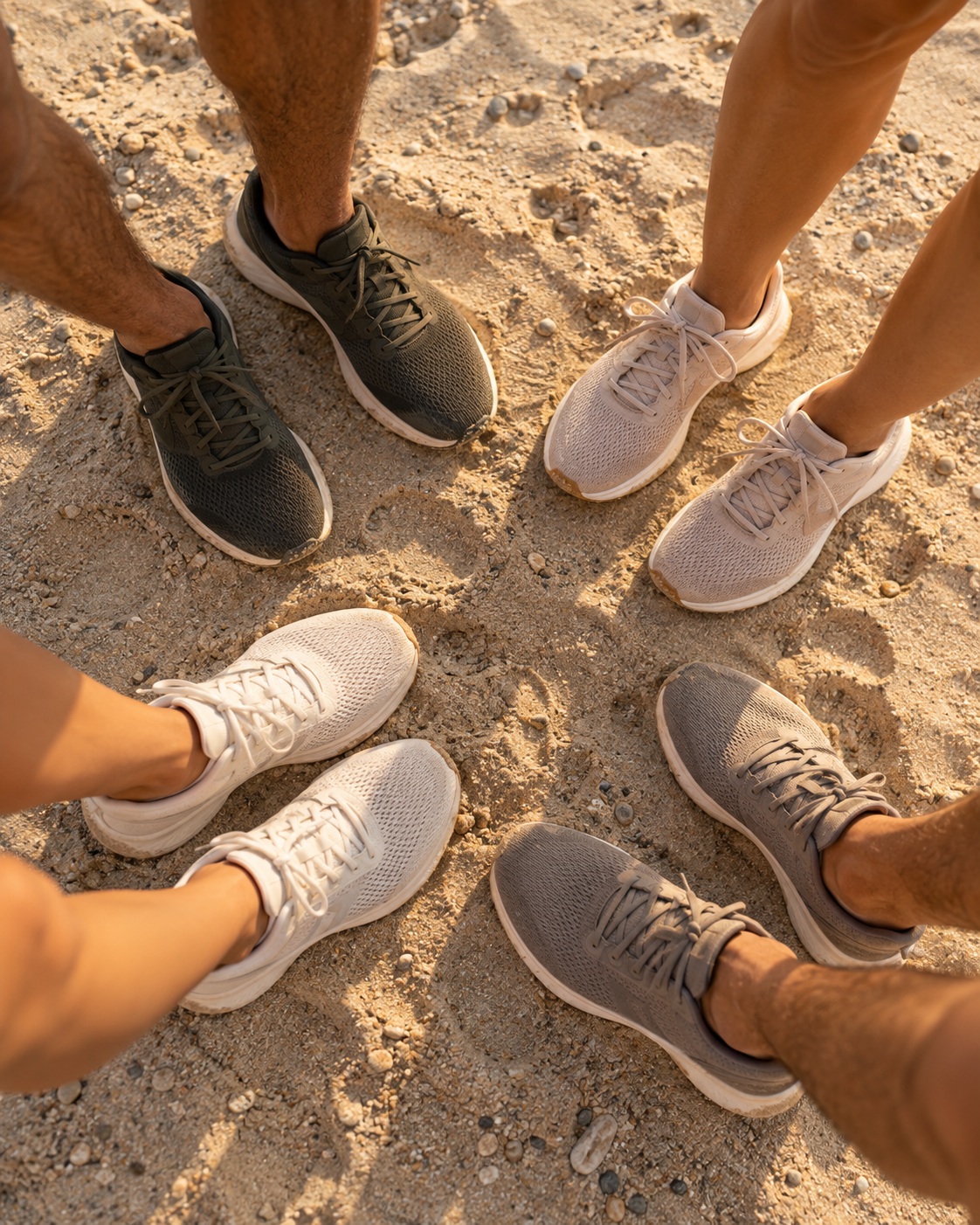 Illustrative scene: Four adult friends gathering their running shoes in a circle on beach sand after training, overhead view in warm light, lower legs and shoes only.