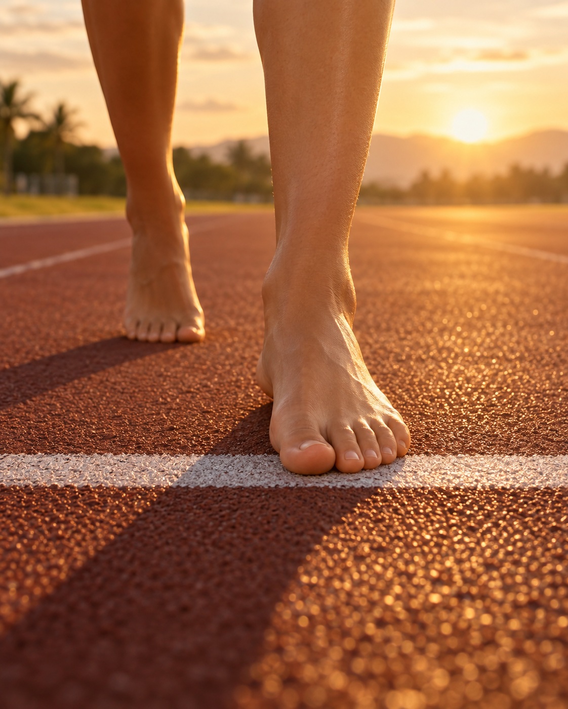 Illustrative scene: An adult taking a first barefoot step onto a white running track line at sunrise, warm light and long shadows, lower legs and feet only.