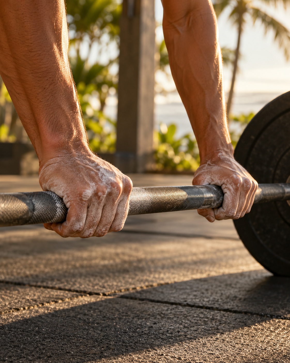 Illustrative scene: Close view of chalked adult hands gripping a barbell with a plain weight plate in a sunlit open-air gym, hands and forearms only.