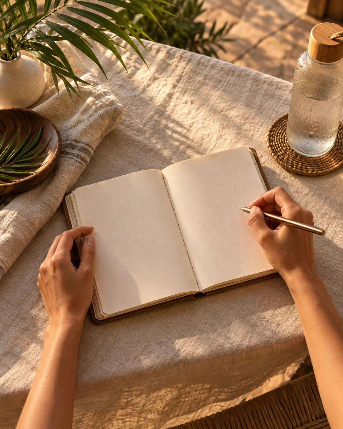 Illustrative scene: Overhead close view of adult hands holding a blank training journal and poised pen on a linen-covered table, a plain water bottle beside it, warm dawn light, hands and forearms only.