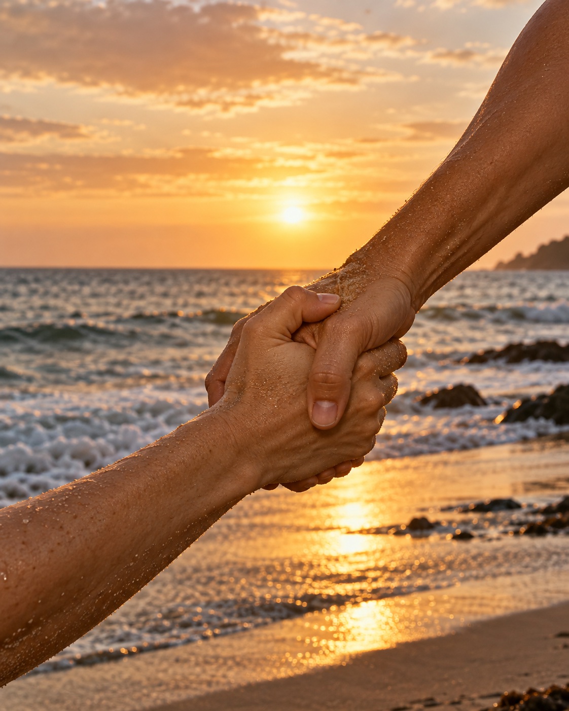 Illustrative scene: Two adults clasping hands in a supportive grip after a beach workout, sand on forearms and sunset waves behind, hands and forearms only.