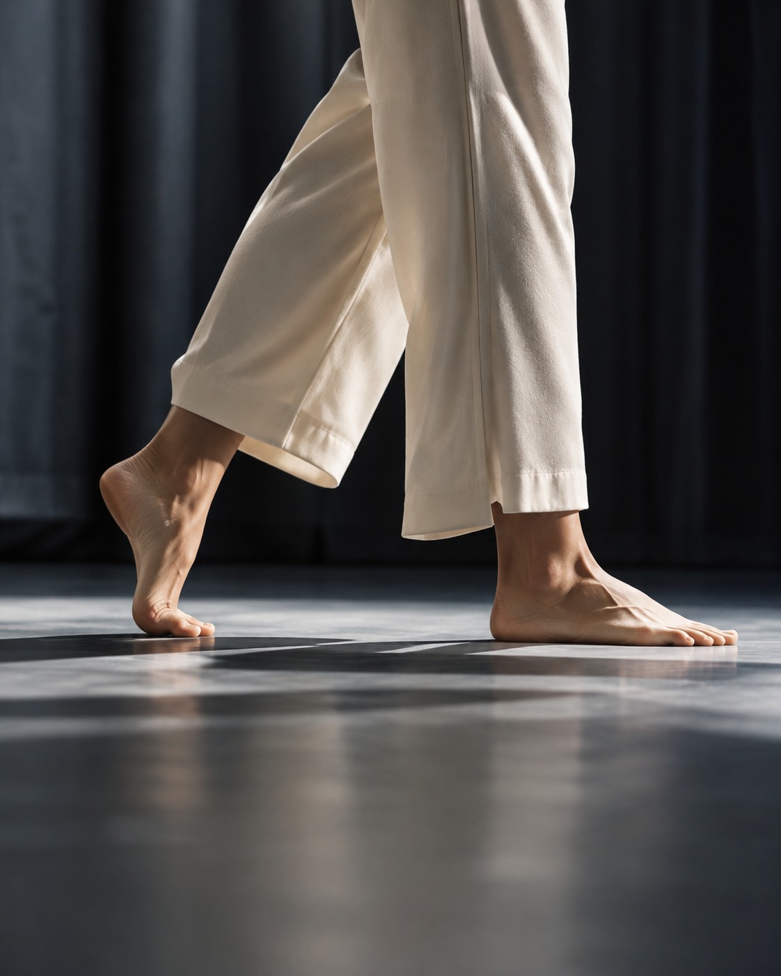 Illustrative scene: An adult wellness advocate rehearsing a step on a minimalist stage: only calves, bare feet and the lower edge of loose cream tailored trousers visible; lateral view, a cool white spotlight and dark charcoal curtain, no palms.