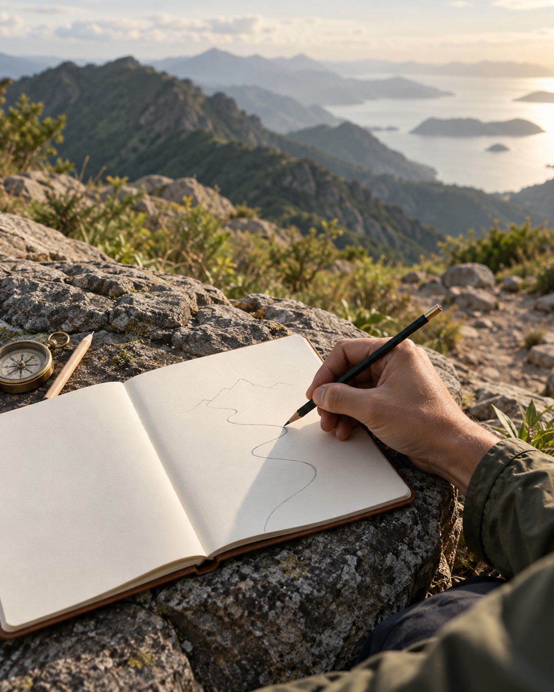 Illustrative scene: An adult hand sketching a simple route as an abstract line in an otherwise blank notebook, a pencil and compass on a stone ledge beside a mountain trail. No readable text, no people beyond hand.