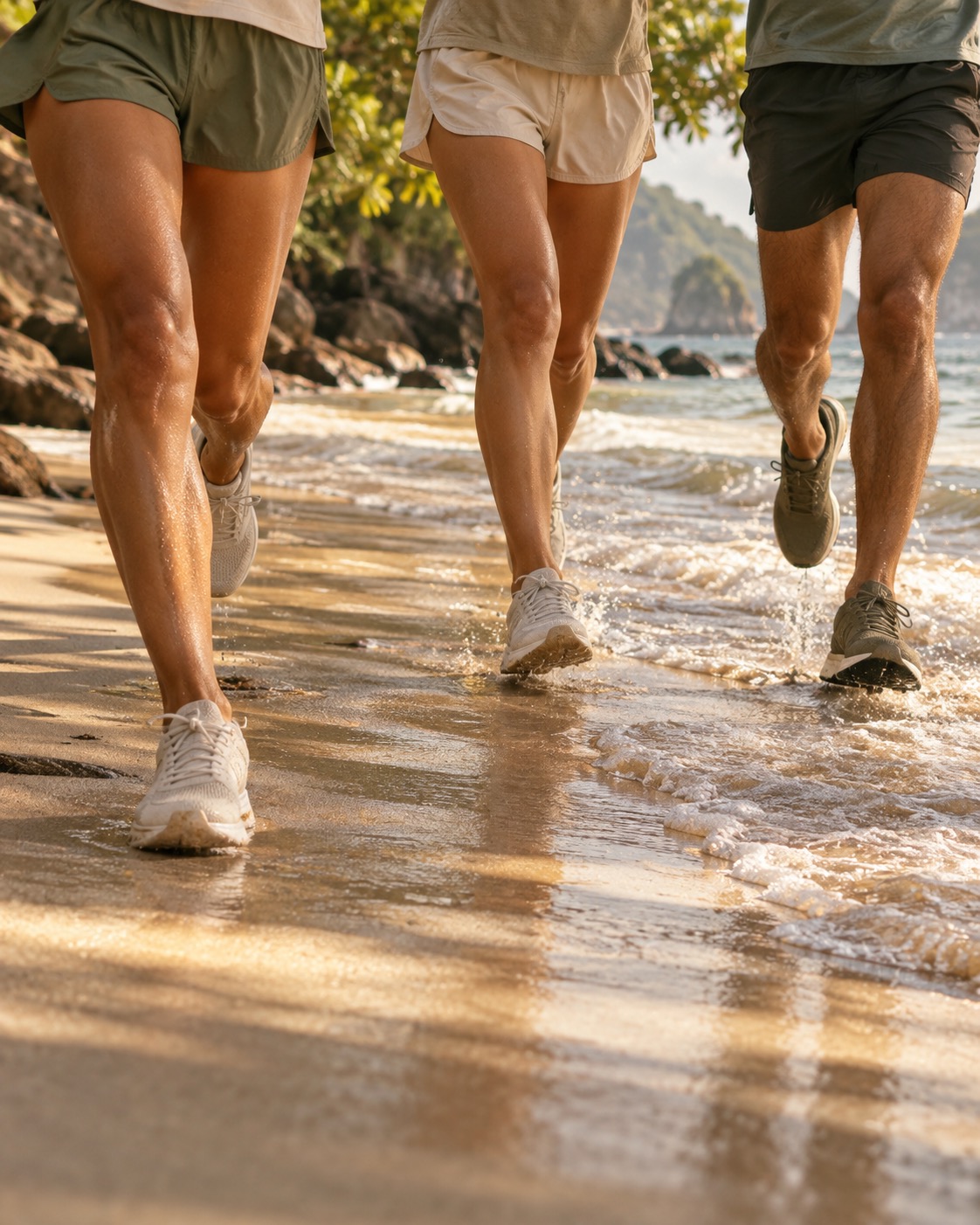 Illustrative scene: Close low view of three adult runners jogging along the shoreline, frame contains only legs from mid-thigh down and feet