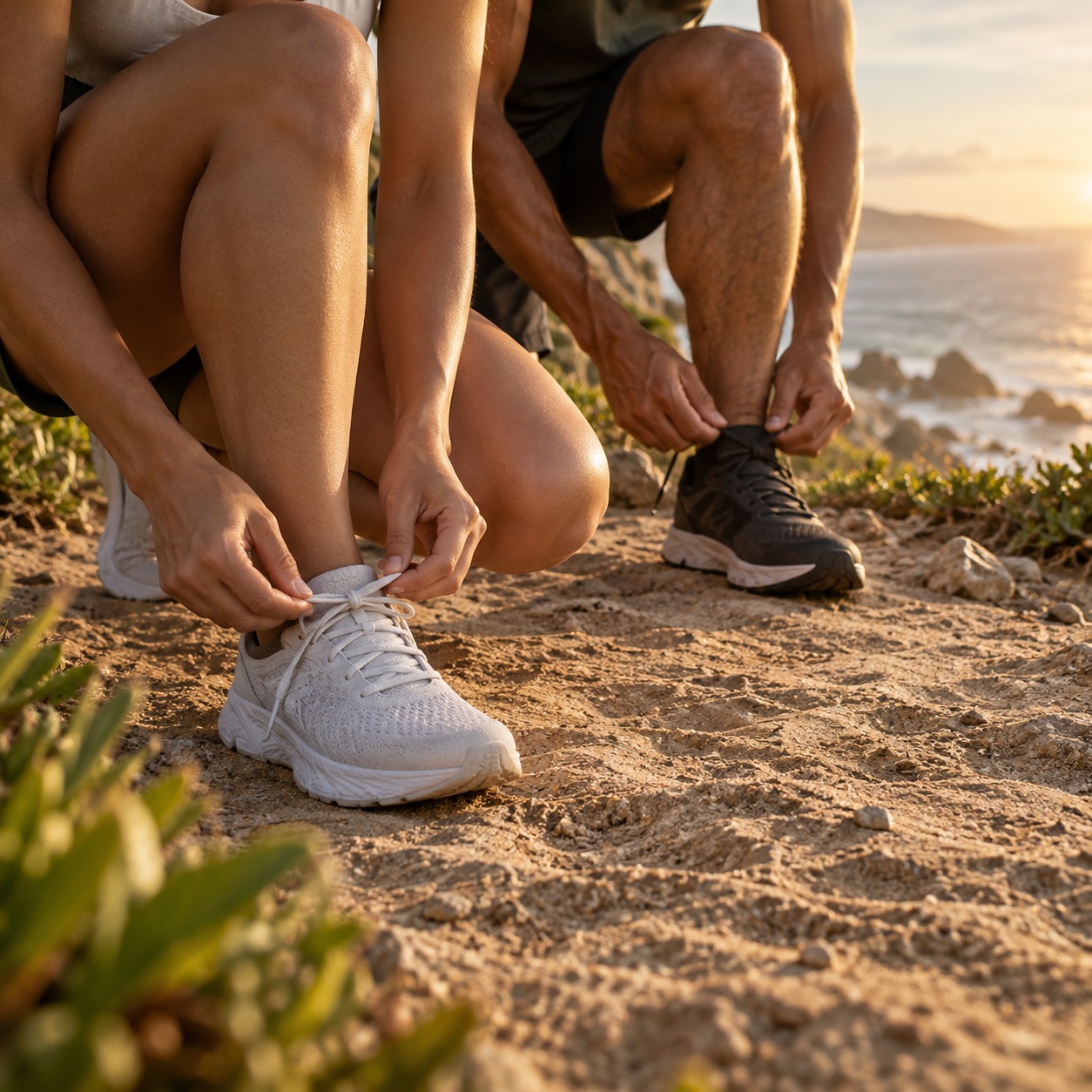 Illustrative scene: Low close view of runners tying shoes on a sandy coastal path, only hands feet and bent knees visible