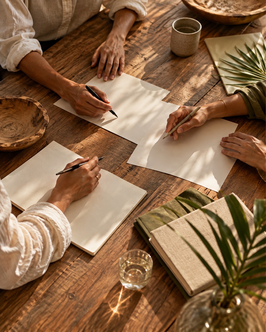 Illustrative scene: Overhead close view of adult collaborators hands planning around a wooden table, blank papers and pens, only hands and forearms visible
