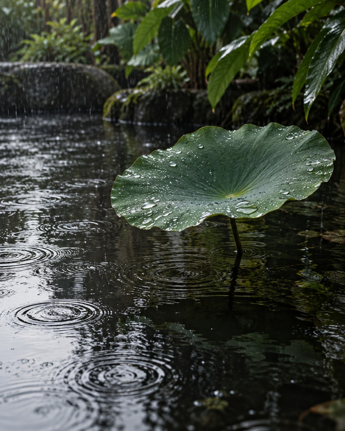 Illustrative scene: Rain on a tropical garden pond with a single broad lotus leaf and dark reflective water, no coastline, people or buildings.