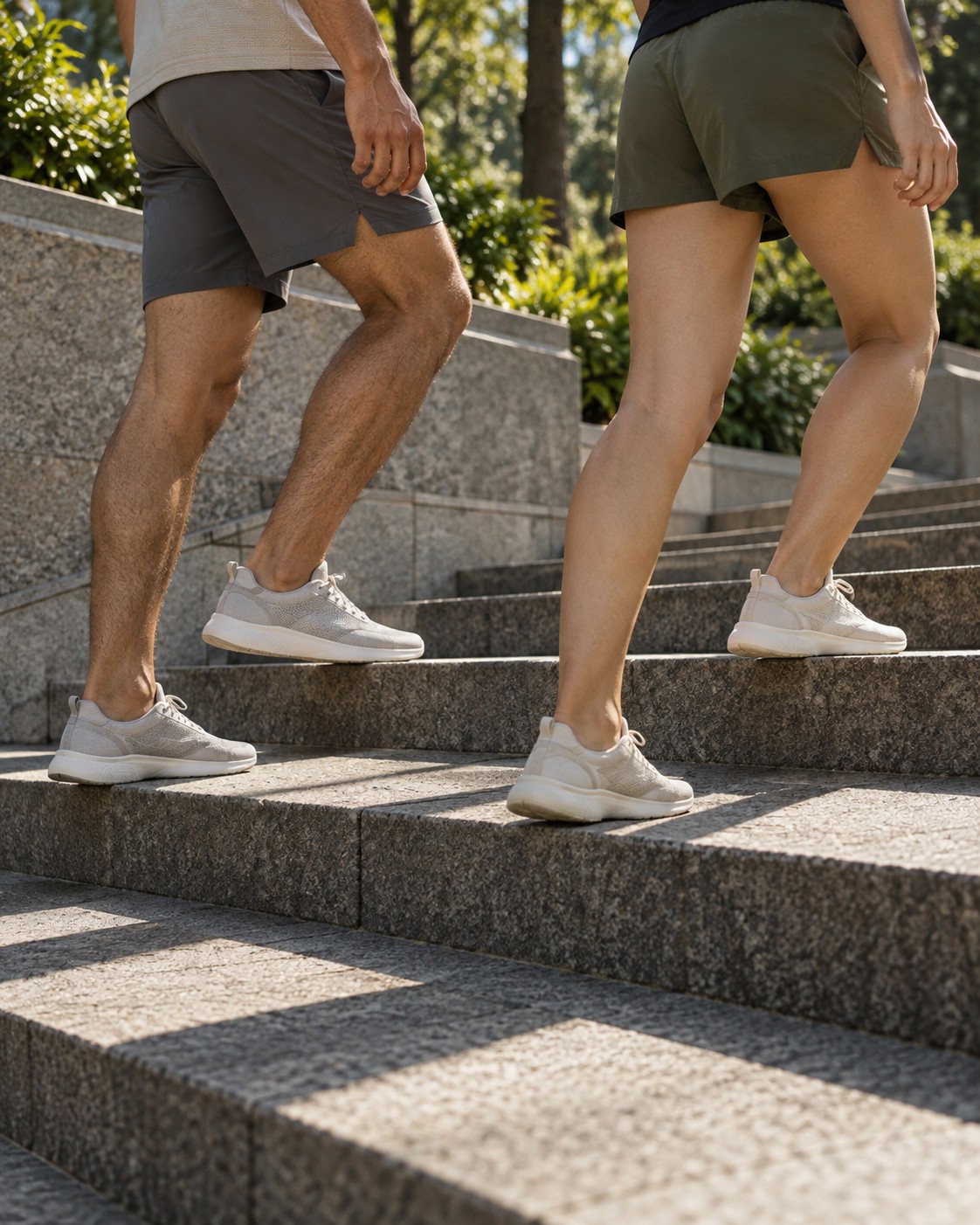 Illustrative scene: Two adults ascending outdoor stone steps in a city park, only legs from mid-thigh down, gray and olive shorts, side view with strong geometric stair shadows.