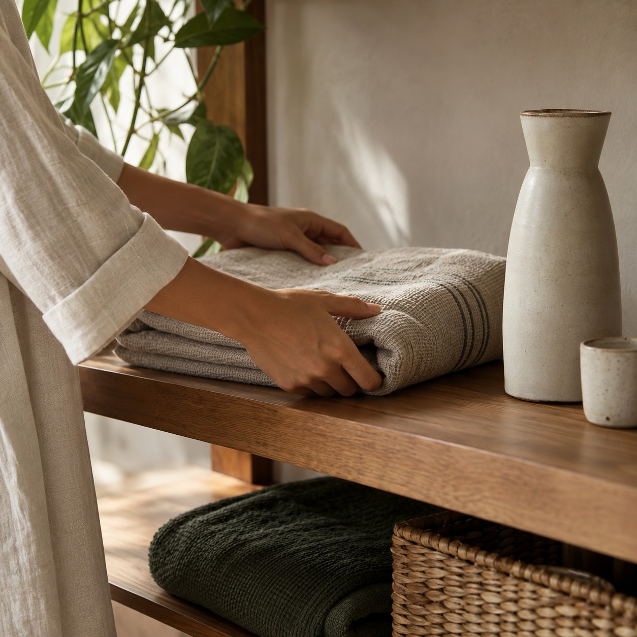 Illustrative scene: Adult hands folding a linen towel carefully on a wood shelf next to a plain ceramic water carafe, close shot indoors, no mat or feet.