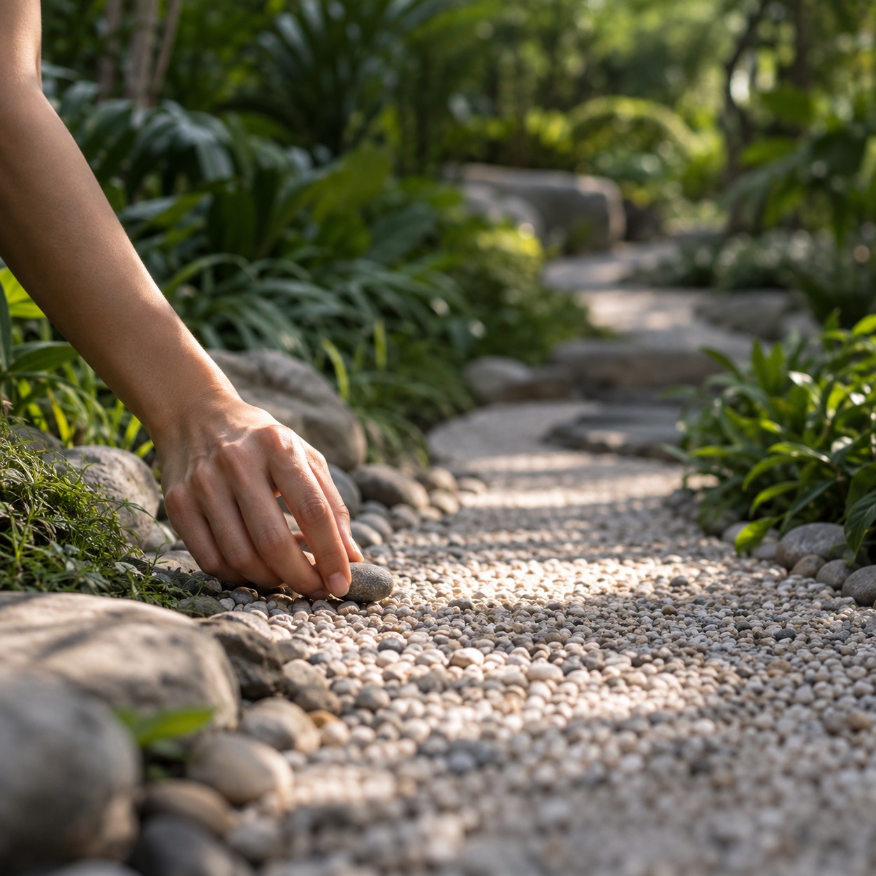 Illustrative scene: One adult hand placing a small pebble at the beginning of a winding gravel garden path, low macro view, foliage blurred behind, no paper or planning table.