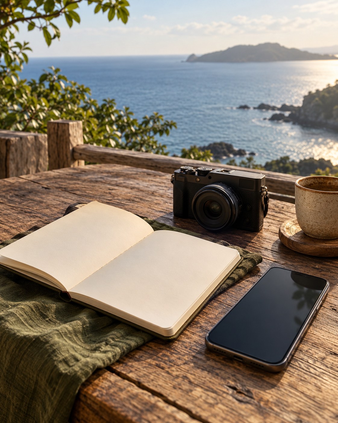 Illustrative scene: An unbranded camera, blank notebook and phone on a coastal café table overlooking the sea, with no people depicted.