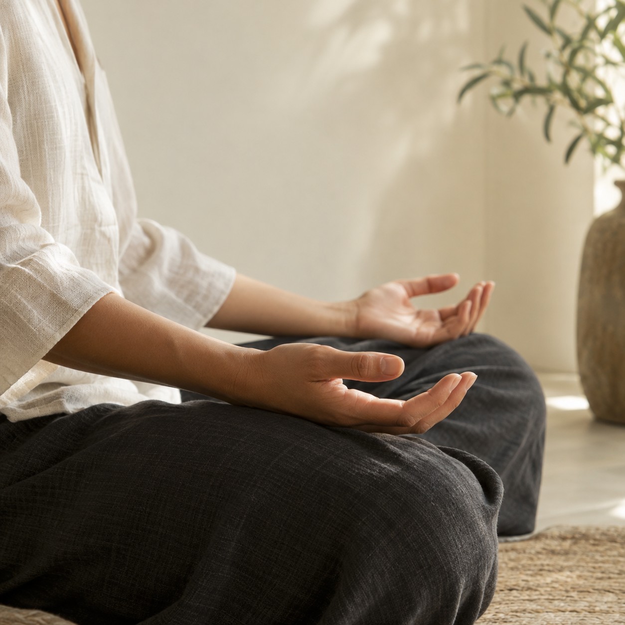 Illustrative scene: Close view of adult hands resting open on the knees during seated breathing practice, loose charcoal trousers, side view, quiet cream studio wall.