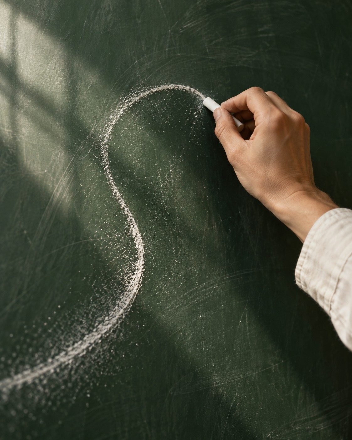 Illustrative scene: A close side view of one adult hand drawing a single abstract curved chalk line on a matte dark-green chalkboard. Chalk dust catches soft window light. Only a hand and shirt cuff are visible; the board fills the whole background, no readable letters or words.
