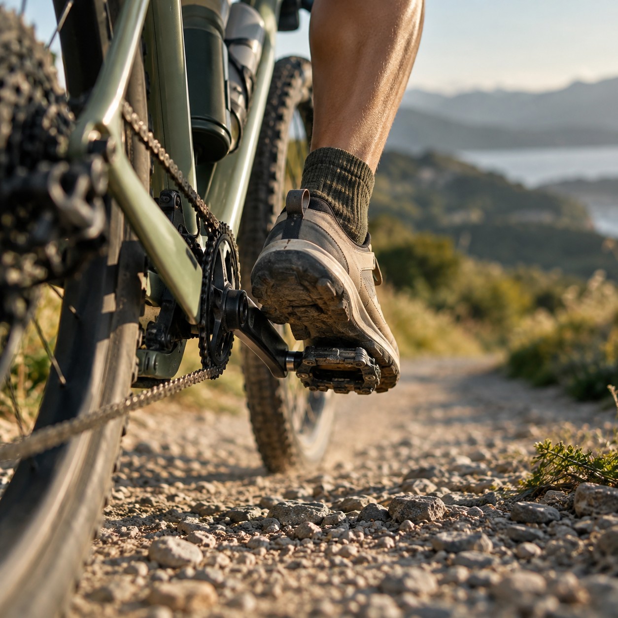 Illustrative scene: An adult pushing down on bicycle pedals, only one lower leg, shoe and pedal assembly visible, macro dynamic view of a gravel path, sage bicycle frame.