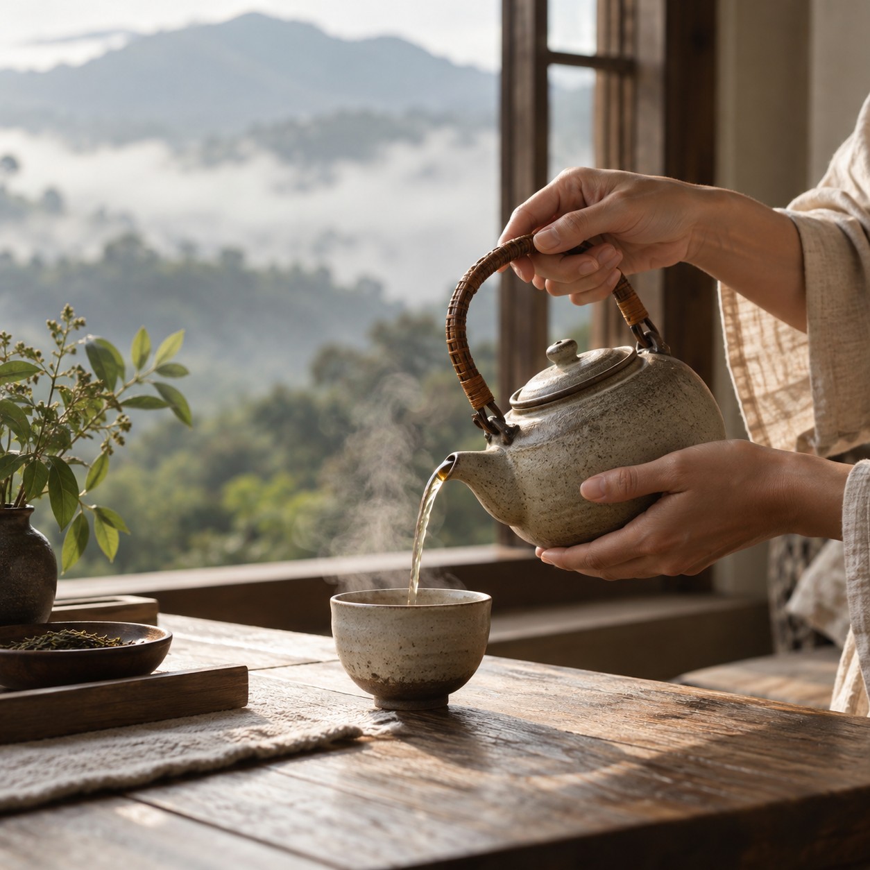 Illustrative scene: An adult slowly pouring hot tea into a small ceramic cup by an open window, hands only, morning mist beyond, quiet warm neutral colors.