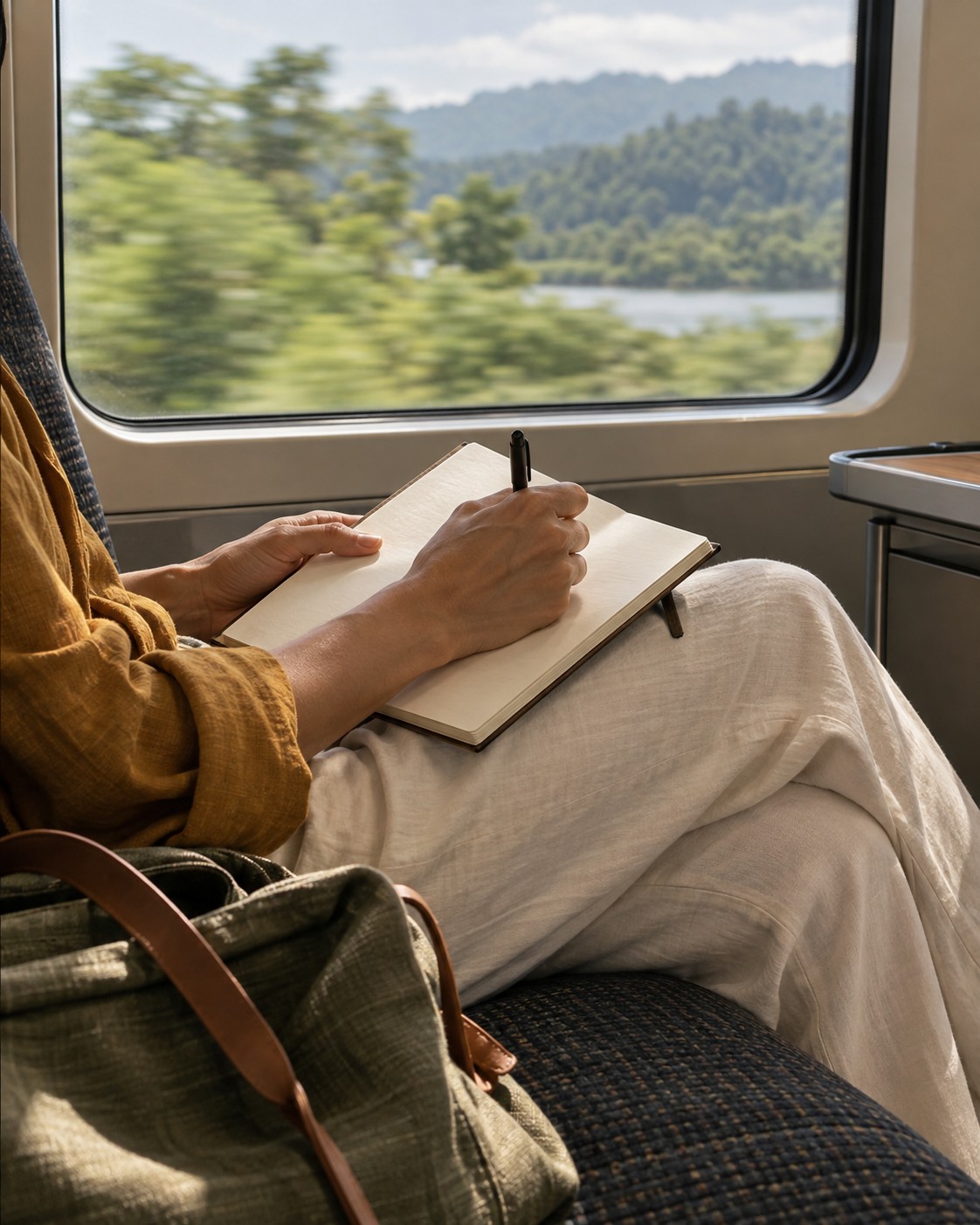Illustrative scene: An adult hand writing in a journal on a lap while seated in a train, no readable writing, waist-down crop, ochre sleeve, blurred green landscape through window.