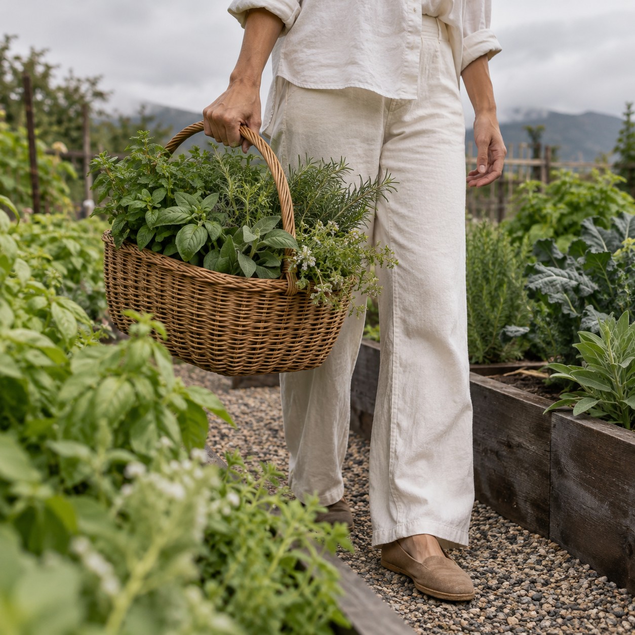 Illustrative scene: An adult carrying a basket of garden herbs, waist-down view of hands, basket and cream trousers, tall leafy beds, overcast morning.