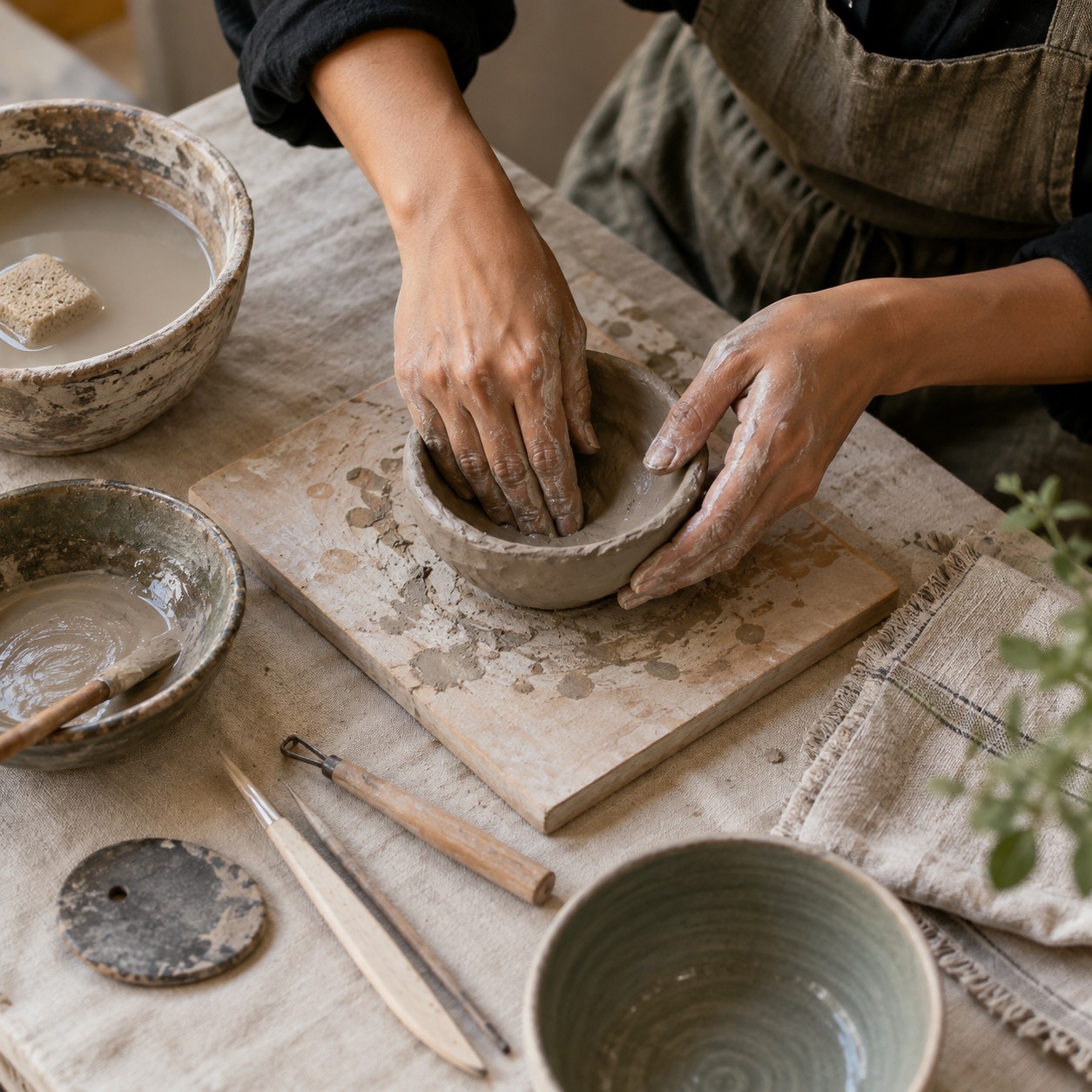 Illustrative scene: Two adult hands pressing clay into a small bowl in a pottery workshop, overhead macro shot, earthy wet clay and simple tools, no heads.