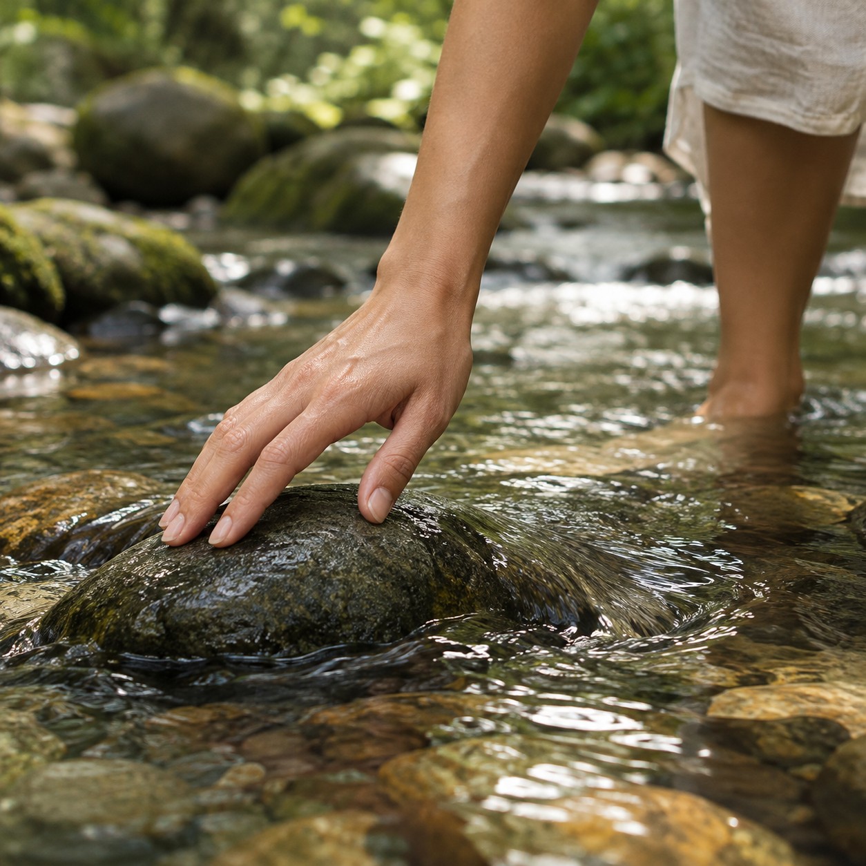 Illustrative scene: An adult hand touching a smooth river rock while wading, frame only hand, water and submerged bare ankle, green woodland stream.