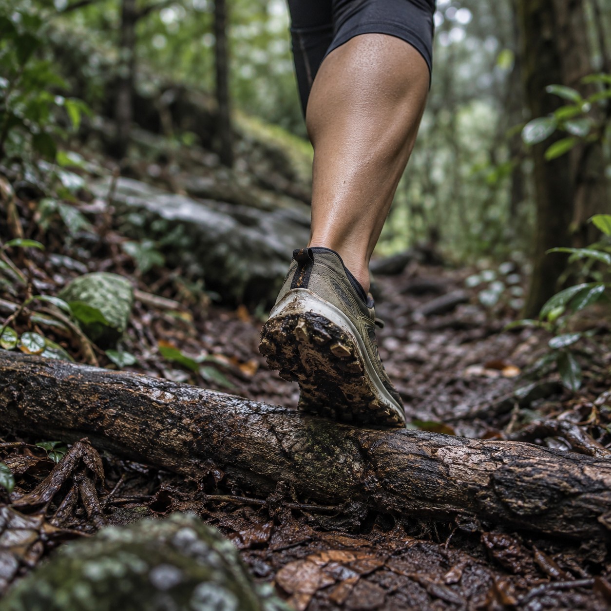 Illustrative scene: An adult runner stepping onto a wooded trail over a fallen branch, one calf and muddy running shoe only, close diagonal perspective, cool forest light.