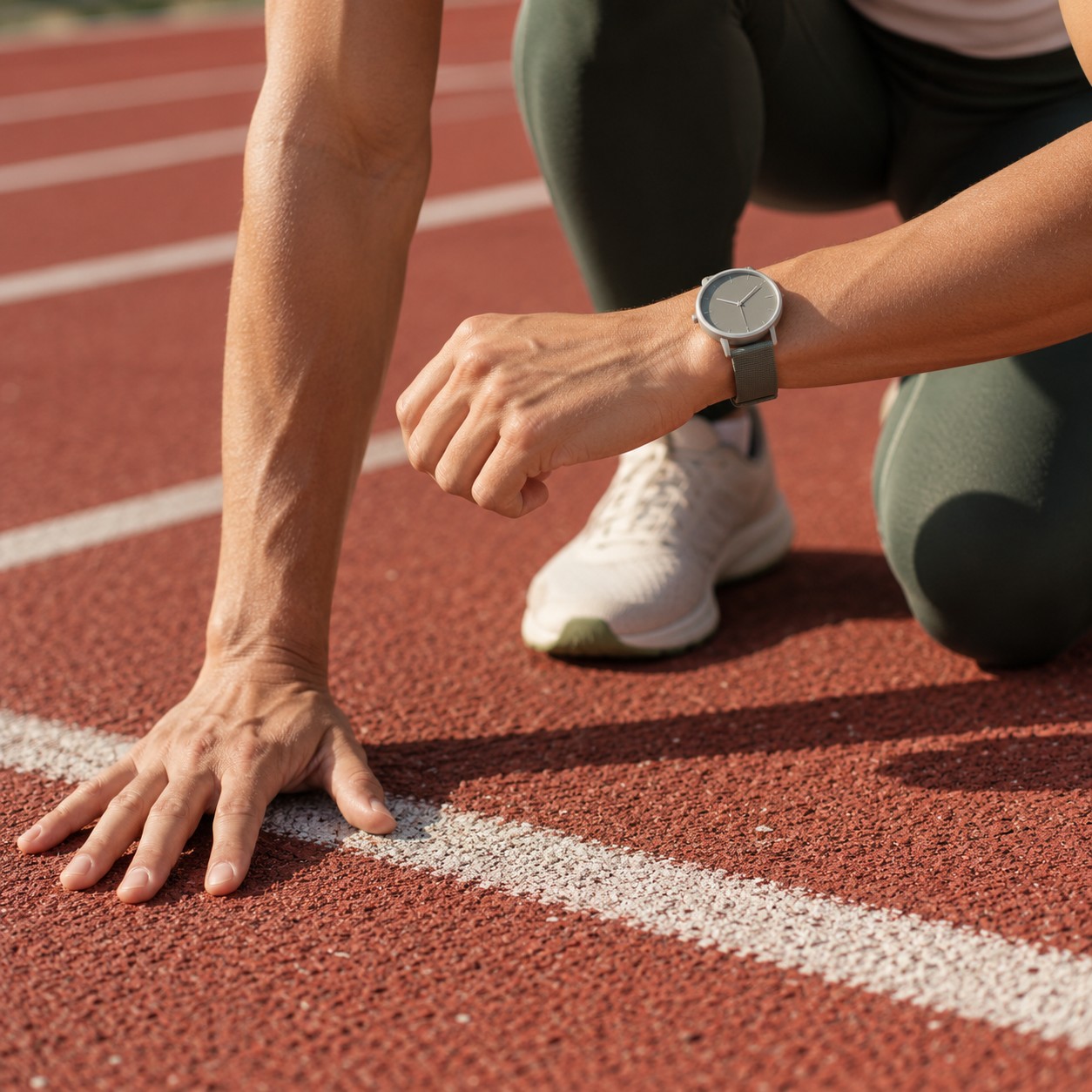 Illustrative scene: An adult hand checking a simple unbranded watch at a track starting line, wrist and forearm only, red track surface, no visible numbers or text.