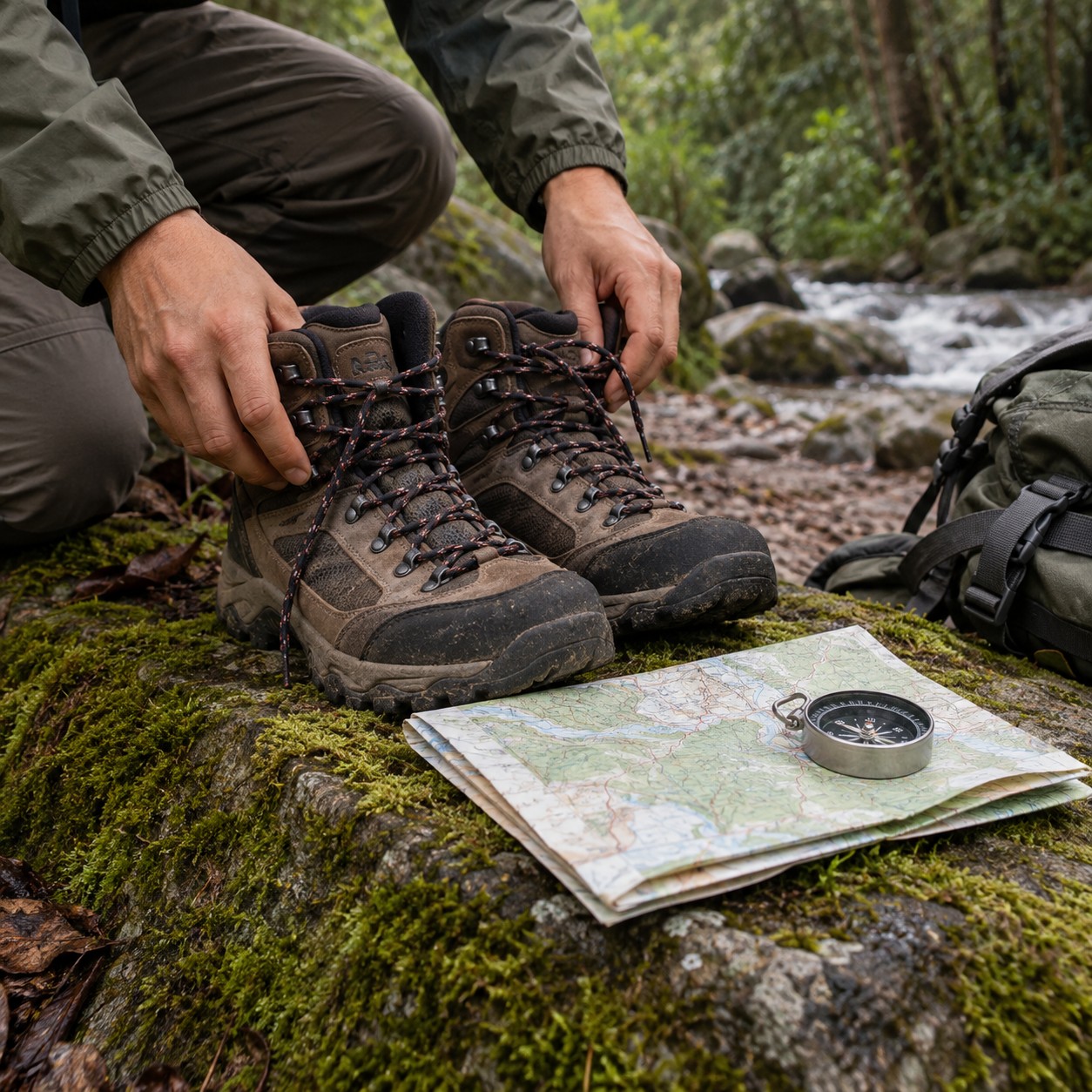 Illustrative scene: Adult hands carefully laying out a pair of hiking boots, a folded map with no readable text and a metal compass on a mossy stone at a trailhead. Tight ground-level close view, overcast woodland light.