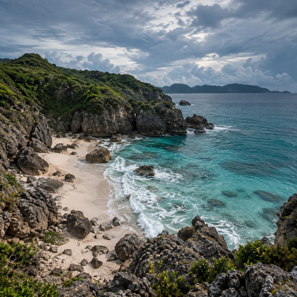Illustrative scene: A deserted rocky Philippine cove under a dramatic cloudy blue-gray sky, high-angle coastal view, turquoise foam, no palms or sunset.