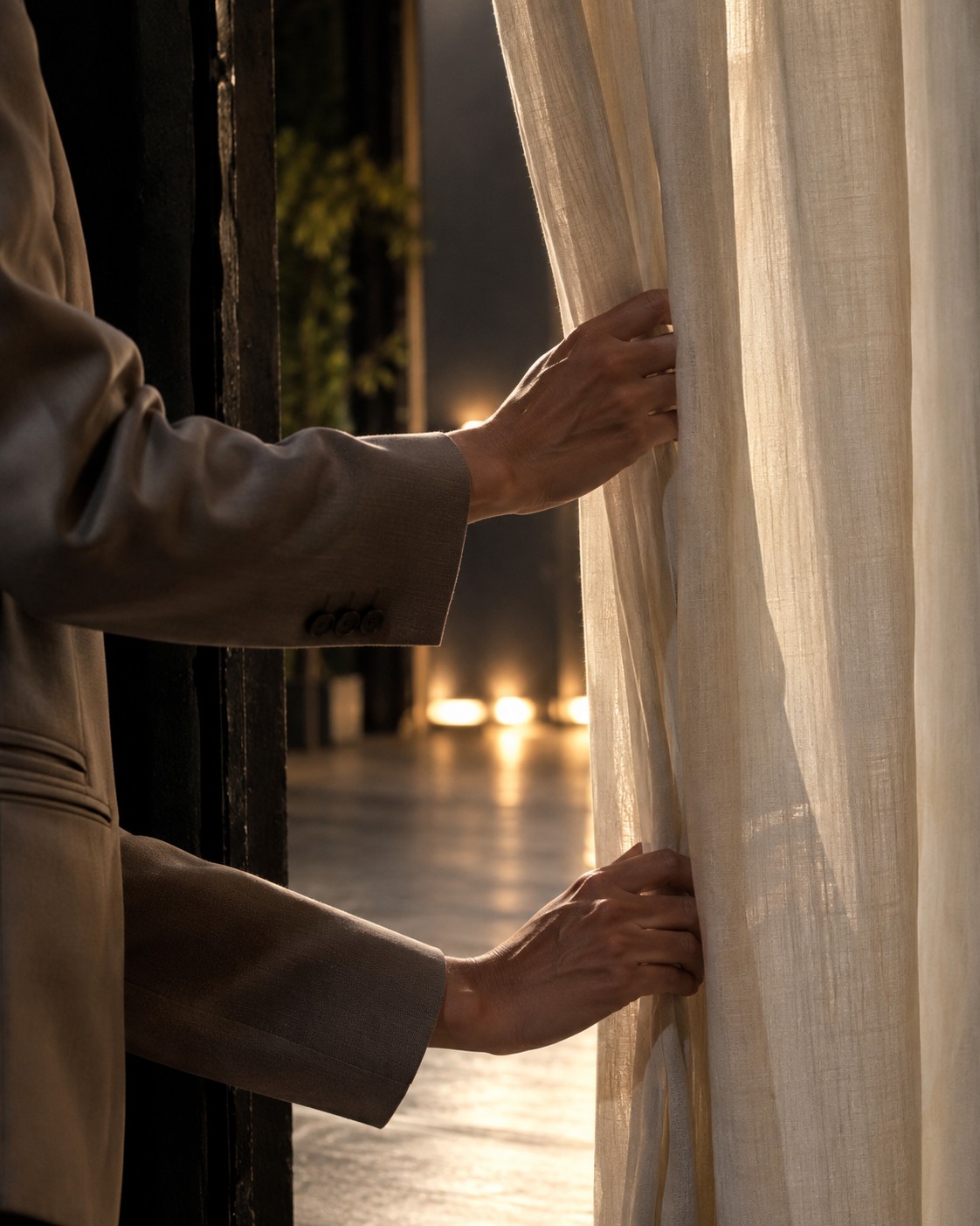 Illustrative scene: Adult hands gripping a sheer cream stage curtain just before stepping out, close view of hands, soft fabric and lower sleeve of a taupe tailored jacket, dark wing of stage.
