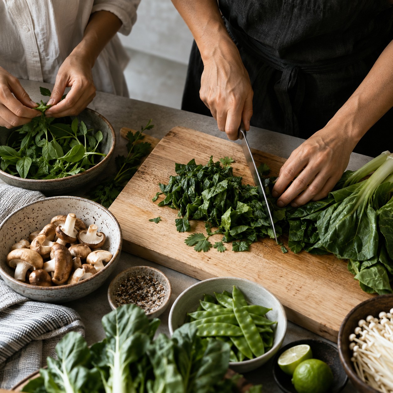 Illustrative scene: Adult hands preparing a shared meal by chopping green vegetables on a pale wooden kitchen board, overhead crop, no readable packaging, no faces.