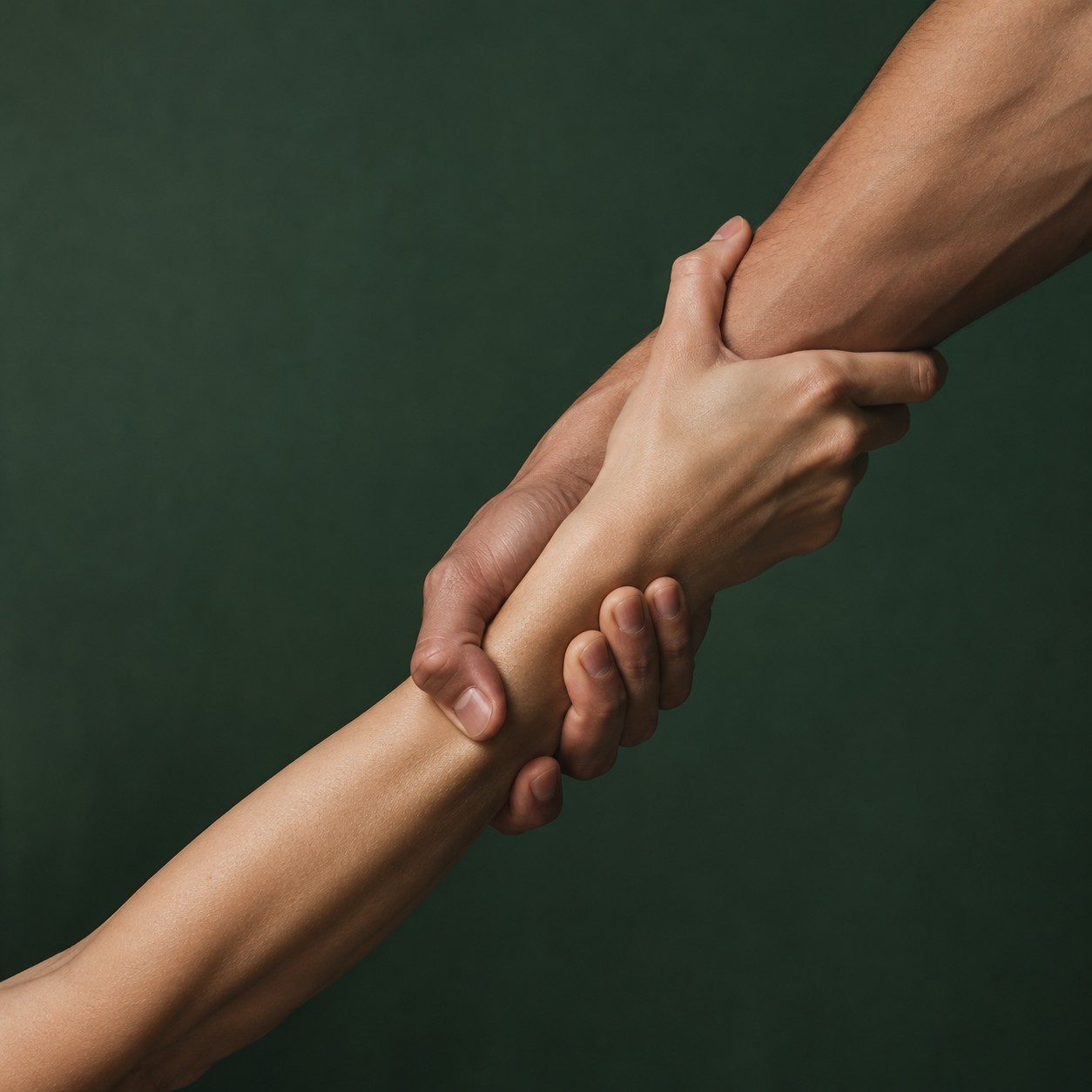 Illustrative scene: Two adult hands clasping in a supportive forearm grip, close studio photograph against muted forest green background, no other body parts.
