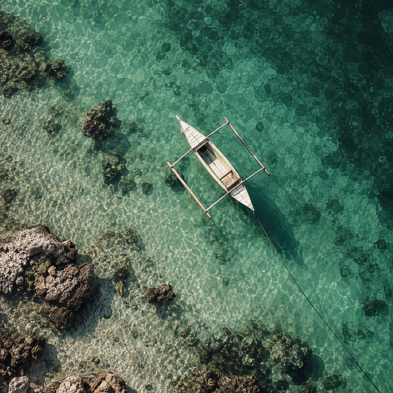 Illustrative scene: A small moored wooden outrigger boat in calm turquoise water seen directly overhead, no people or palm trees, minimal coastal composition.