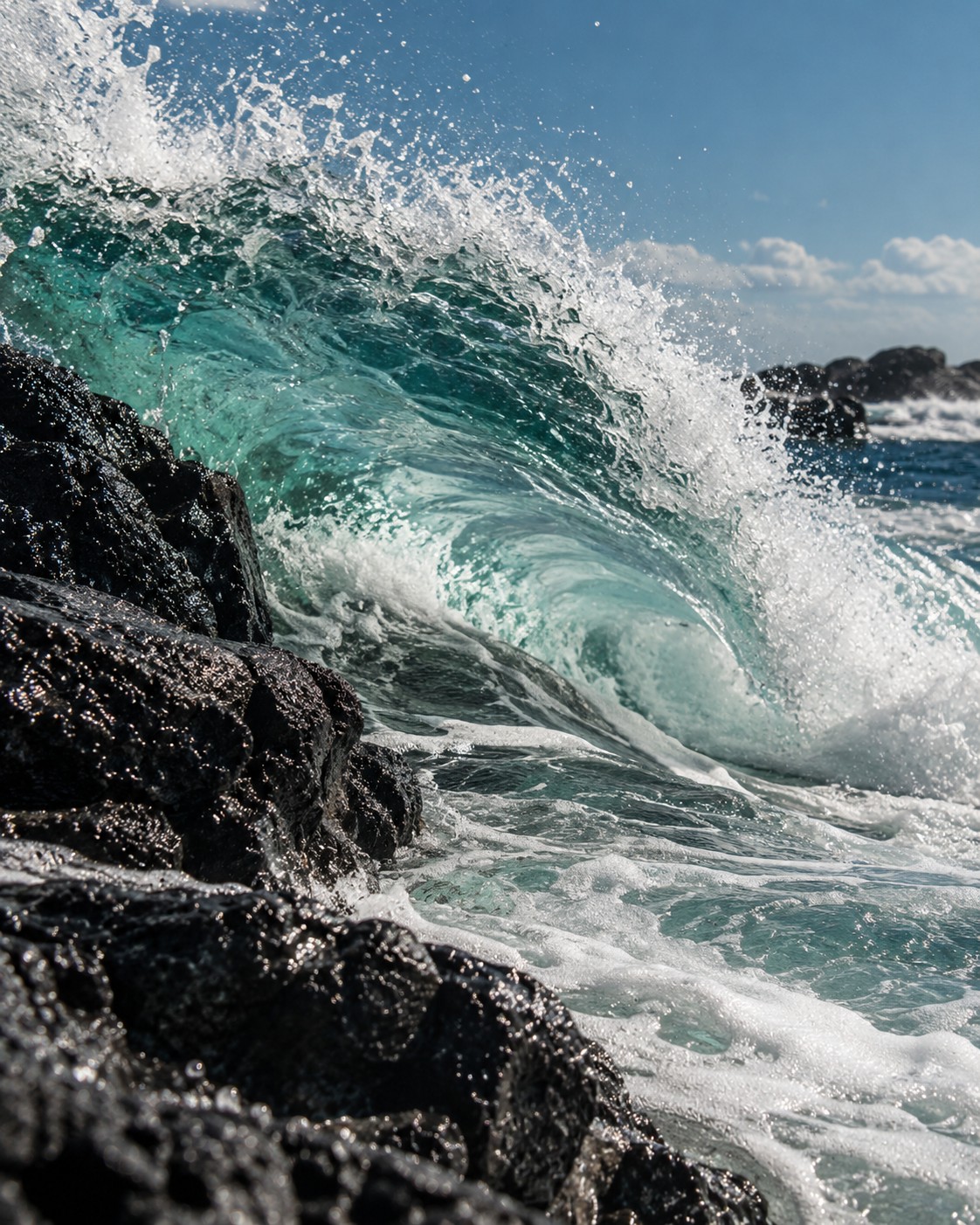 Illustrative scene: A dramatic close-up of a wave curling over black volcanic shoreline rocks in midday light, seafoam and teal water, no beach palms or sunset.