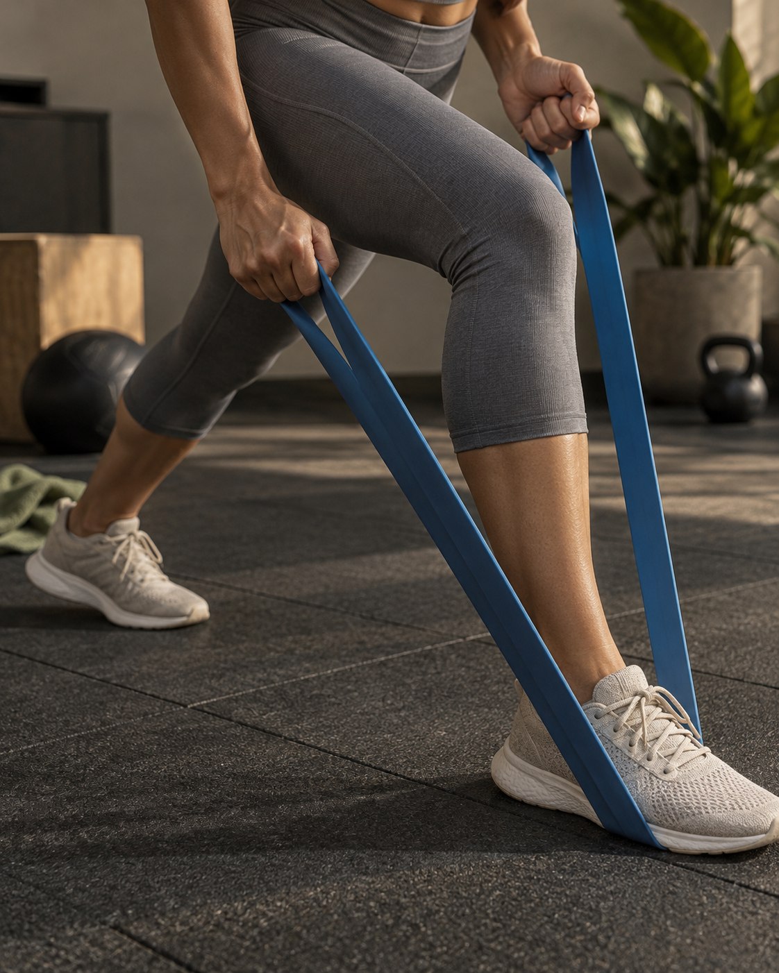 Illustrative scene: Low close view of adult calves and hands pulling a resistance band during training on a textured dark gym floor, gray clothing and blue band, diagonal geometric composition, no head.