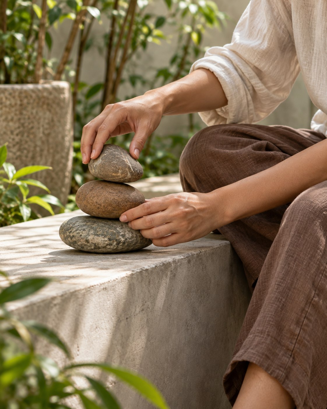 Illustrative scene: An adult hand carefully balancing three irregular smooth river stones on a pale concrete ledge, quiet garden background, close side view, soft neutral daylight, no notebook.