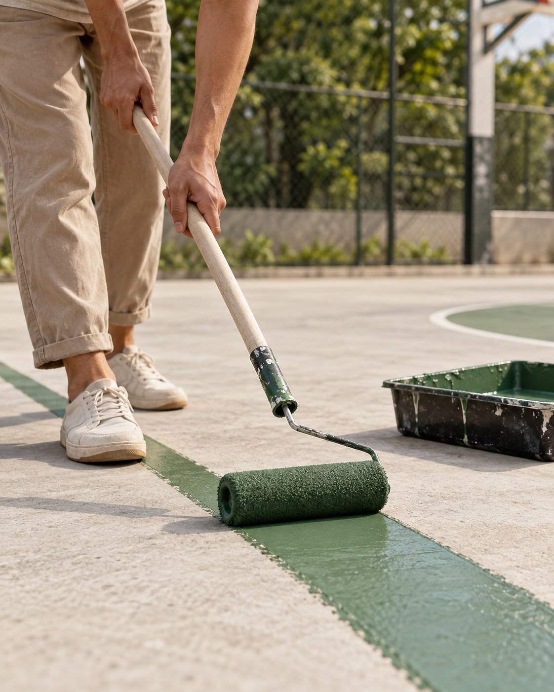 Illustrative scene: Adult hands painting a fresh green line on an outdoor community basketball court with a long roller; hands, roller and paint tray only, ground-level close view, pale pavement.
