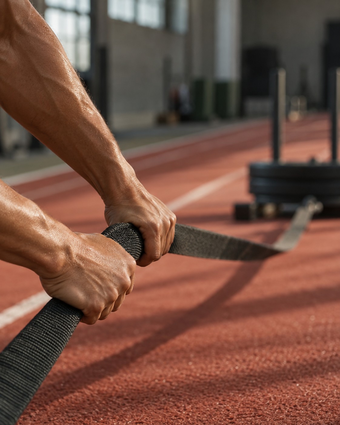 Illustrative scene: Close view of an adult athlete pulling a weighted sled strap, only hands, forearms and taut strap visible, red indoor track blurred behind, no face or torso.