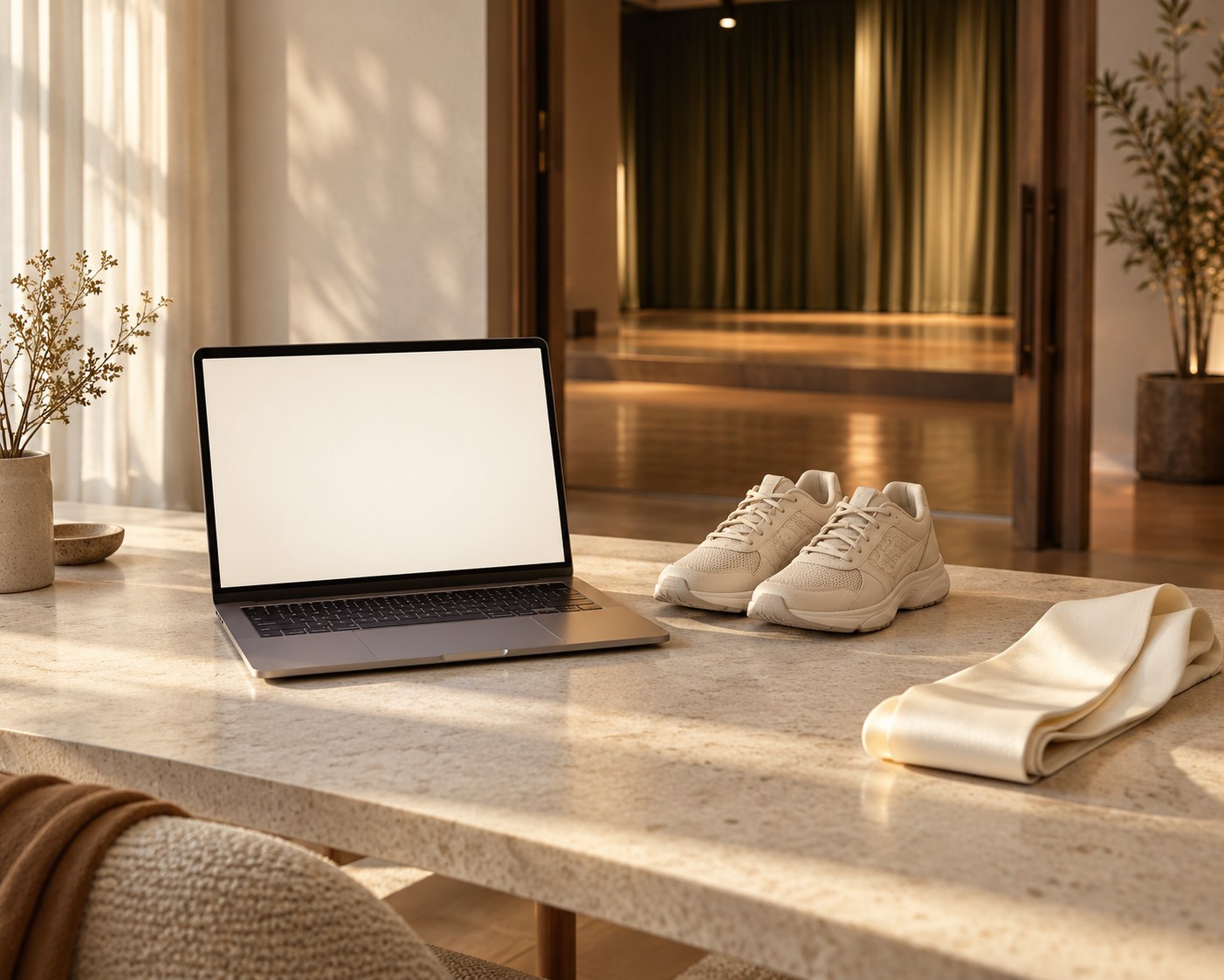Illustrative scene: A blank-screen laptop, neutral running shoes and a plain cream competition sash on a desk, with an empty rehearsal stage beyond, representing the path from application to the finals.