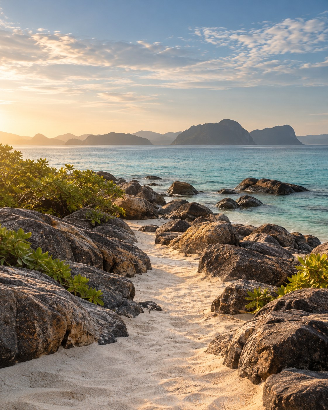 Illustrative scene: An empty sandy coastal path winding between shoreline rocks toward the sea at sunrise.
